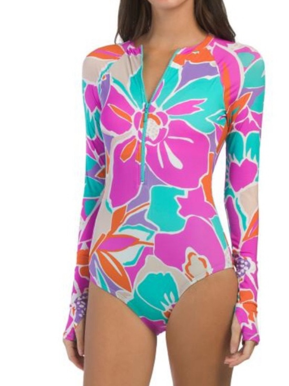 New with tagTrina Turk Floral Long-Sleeve Kids One-Piece Swimsuit in Pink & Teal
